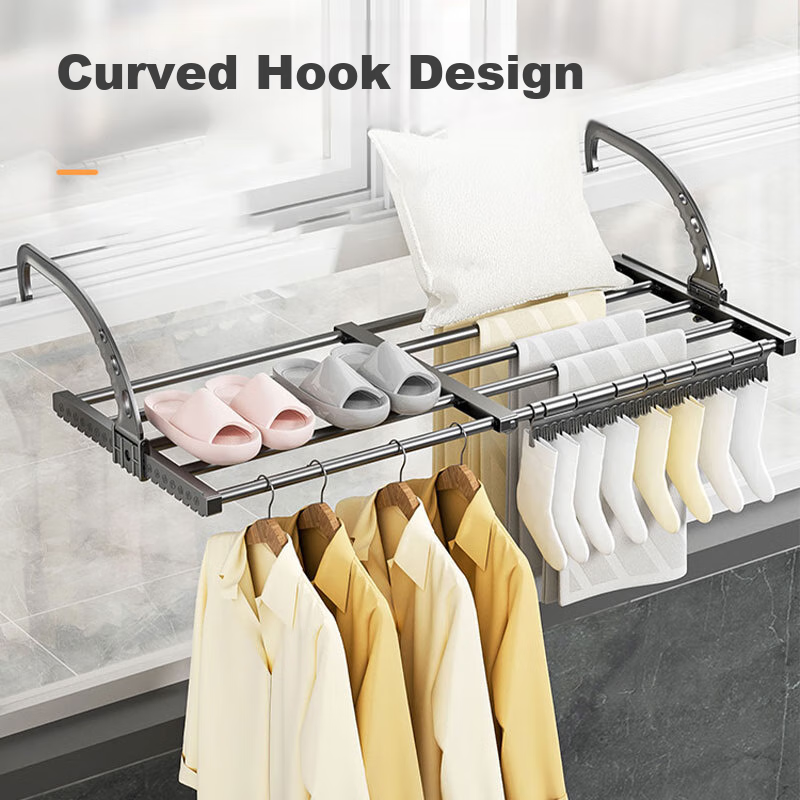 Jingxun Extendable Shoe Rack, Clothes Drying Stand for Windows, No Drilling Required, Adjustable Window Sill Drying Rack, Balcony Shoe Hanger with Hooks for Outdoor Use