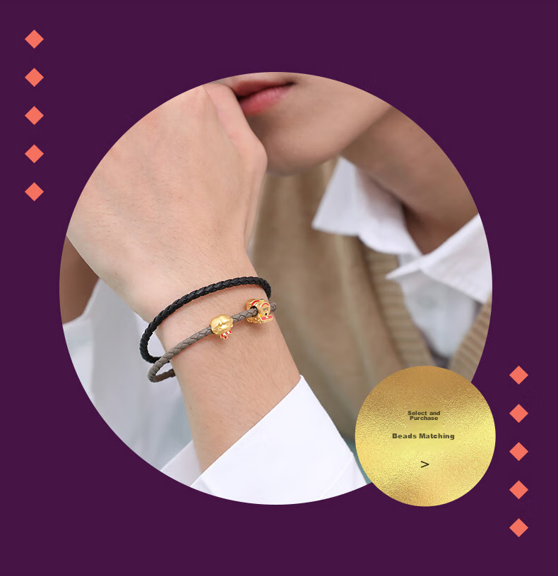 CHOW SANG SANG [Xian Sheng] Beaded Bracelet, 3mm Thin Version, Lucky Bead Cord, Leather Strap for Men And Women, Fixed Price Stainless Steel Cord - Red E15 11