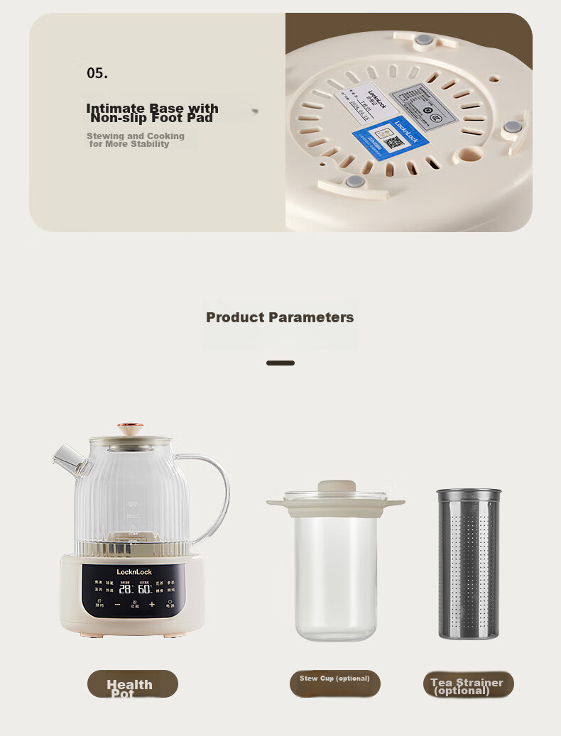 LOCK&LOCK All-Glass Health Pot, Baby Formula Maker with Temperature Control, Tea Maker for Office And Home Use, Electric Kettle with Tea Strainer 26