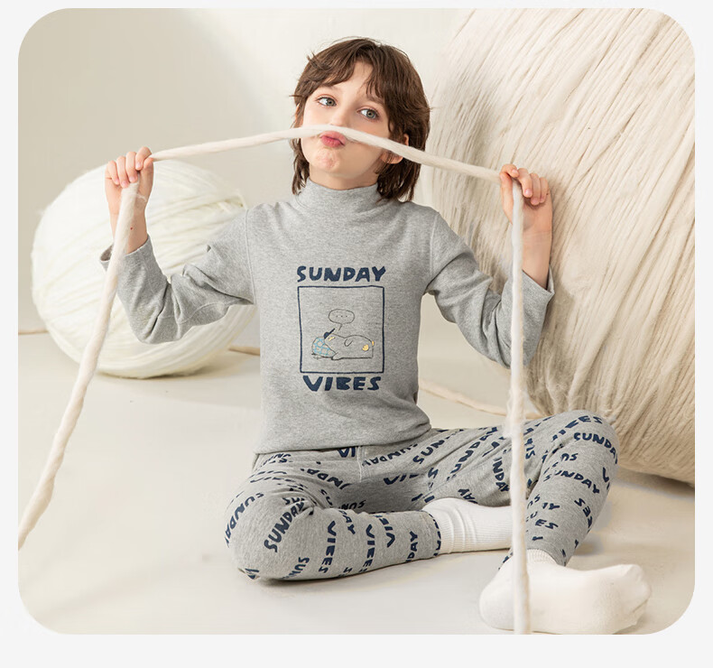 YING BO LUN Children's Thermal Underwear Set Pure Cotton Sweater and Pants School Uniform Essential 81105 Heather Gray Stripes Size 160 10