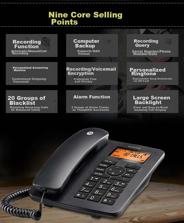 Motorola CT111C Conference Recording Telephone, Landline Phone, Office And Home Use, Smart TF Card Expansion Slot, Business Customer Service Call Center, Black 2
