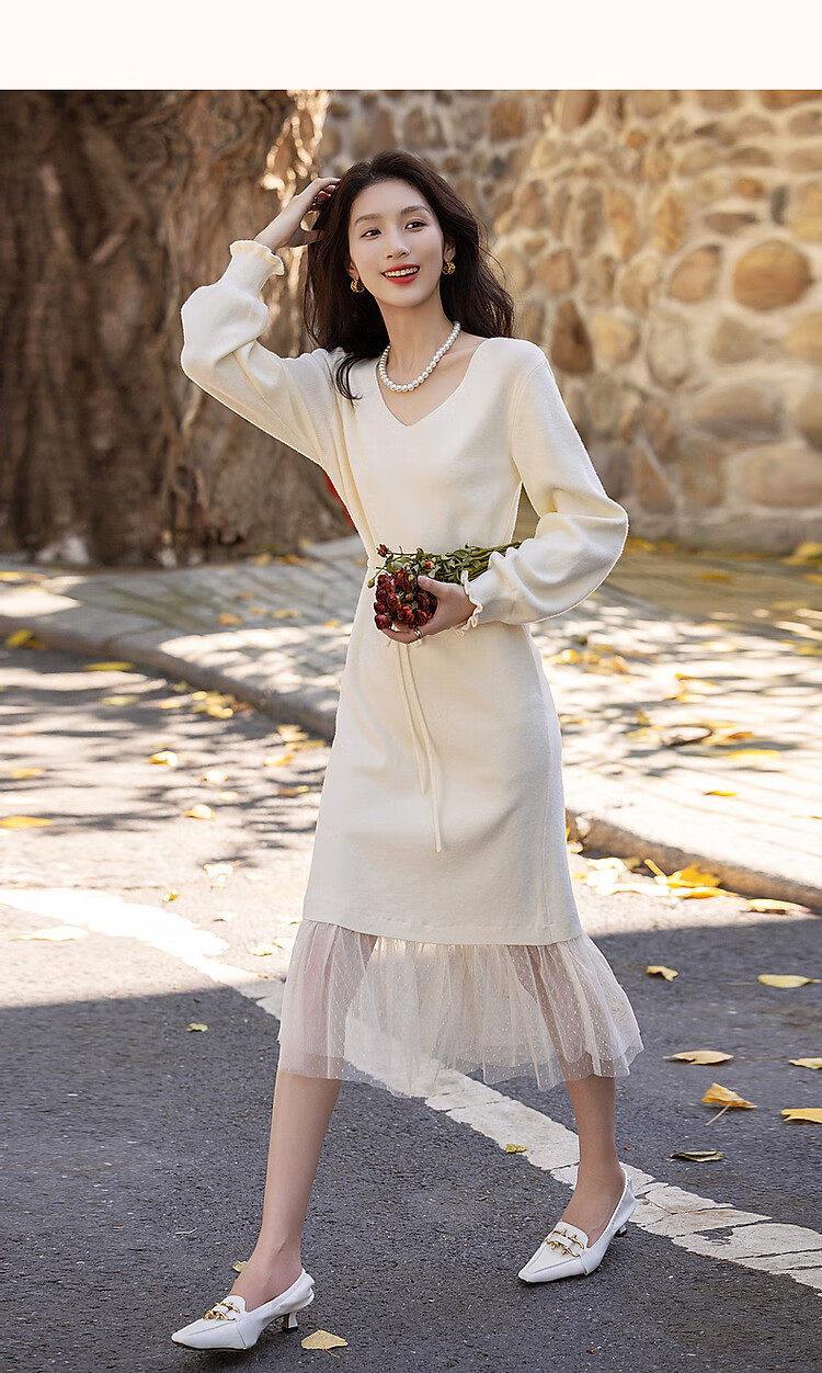 Dme [Retro Sweet Lady] Spring And Autumn Gentle Style Faux Two-Piece Pearl Drawstring Mesh A-Line Dress 19