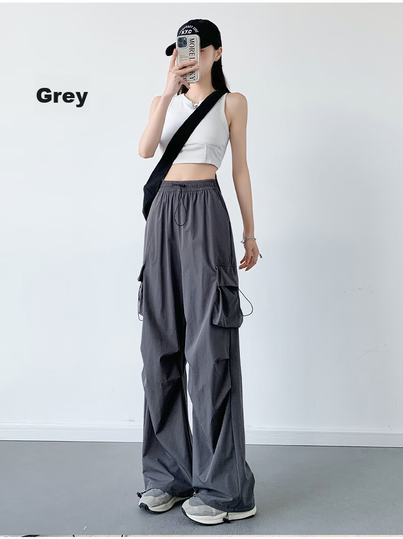 LangSha American-Style Parachute Cargo Pants for Women, Summer Ice Silk High-Waist Wide-Leg Loose Casual Quick-Dry Outdoor Sports Pants 44