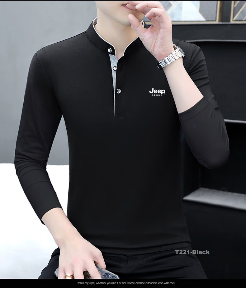 JEEP SPIRIT Men's Long-Sleeve T-Shirt, Spring And Autumn Business Casual Outdoor Polo Shirt, Solid Color Undershirt, Black, XL 13