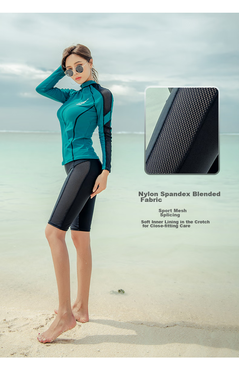 Sanqi Women's Two-Piece Swimsuit, Long Sleeves, Boyshorts, Slimming, Tummy Control, Plus Size, Conservative, Sporty Style, Suitable for Hot Springs And Beach, Green XXXL 3