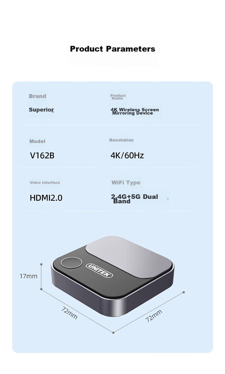 UNITEK Wireless Screen Mirroring Device HDMI Audio-Video Synchronization Transmitter Compatible with Apple Android Computers for Connecting TV Monitor Projector 4K60Hz HD 5G Dual-Band V162B 13