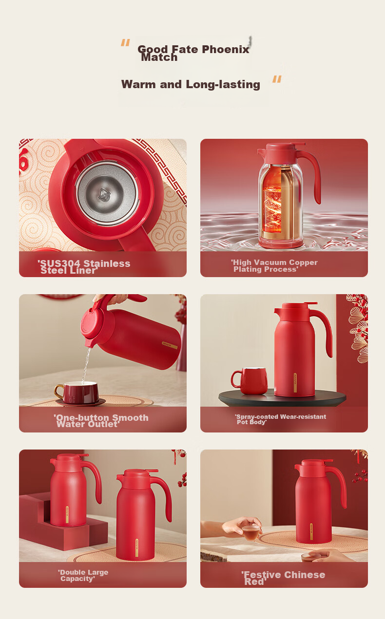 Joyoung Insulated Bottle, Large Capacity for Home Use, 304 Stainless Steel Hot Water Pot, Thermos Flask, Wedding Dowry, Boiling Water Bottle, 2L, Red 3