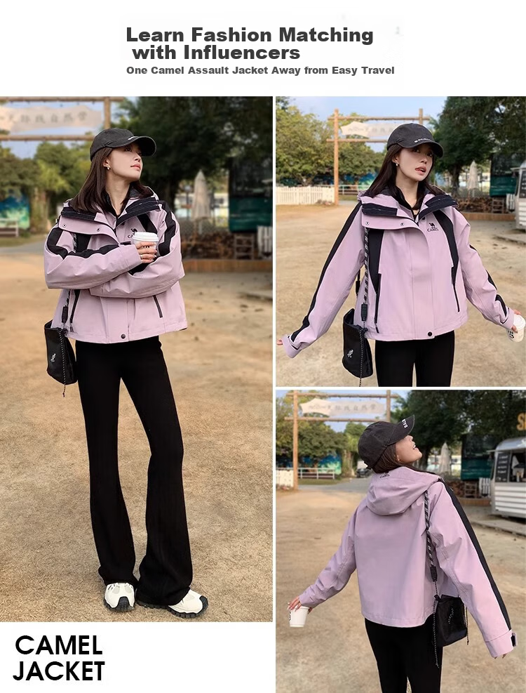 CAMEL Women's Three-In Waterproof Jacket, Color Block Short Coat, New Style, Petite Travel Hiking Clothing 1