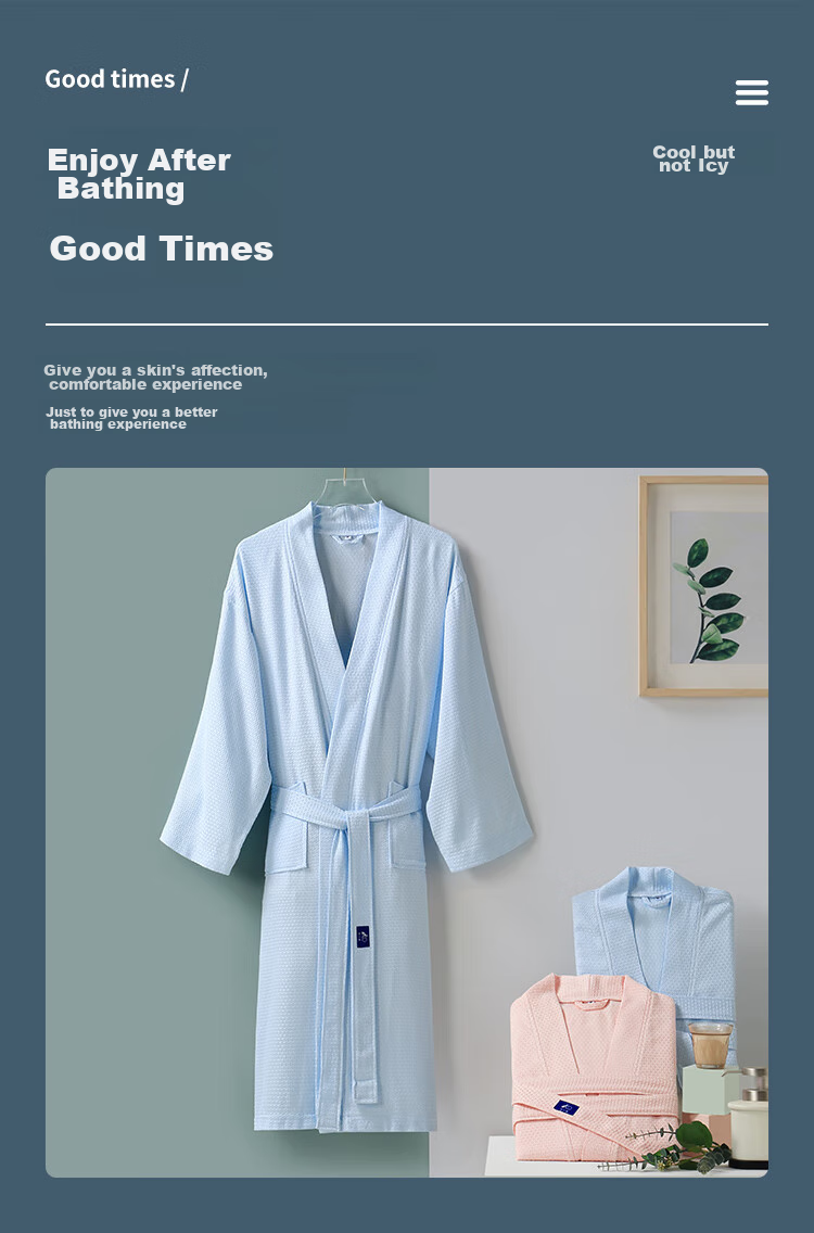 Zhuyibai Bamboo Fiber Bathrobe Spring Summer Unisex Sleepwear Loungewear Bathrobe Waffle Gauze Steaming Suit Blue M Size 4