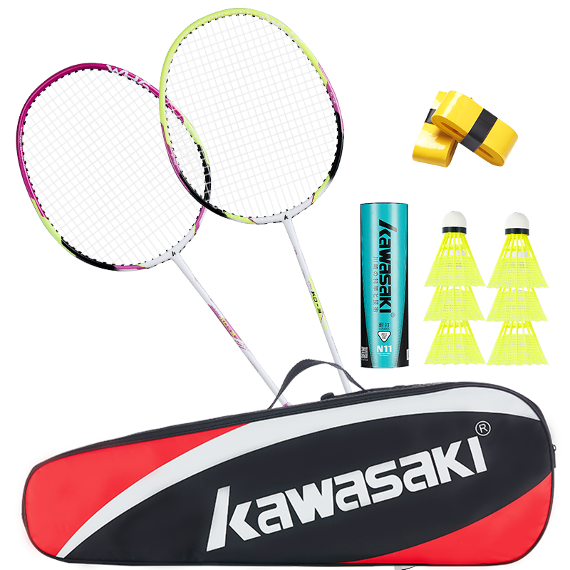 Kawasaki Badminton Racket, Ultra-Light Carbon Fiber, Durable Pair KD-3 Purple-Green (Pre-Strung + 6 Shuttlecocks + 2 Grip Tape)