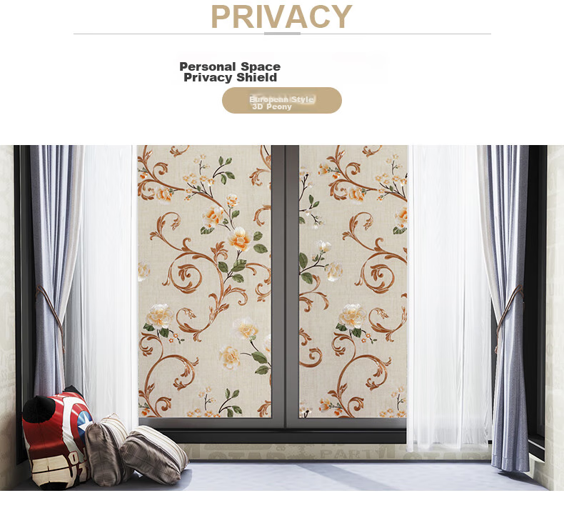 Qinghua Bathroom Privacy Film, Light-Transmitting But Opaque, Window Privacy Sticker, Colorful Peony Pattern, 90*200cm 3