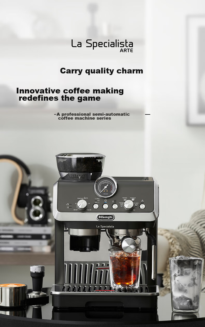 Delonghi [Upgraded Version] Home Semi-Automatic Coffee Machine Cold Brew Edition Silver Knight Grinder All-In Machine with Visible Pressure Manual Milk Frother EC9255.BK Black 4