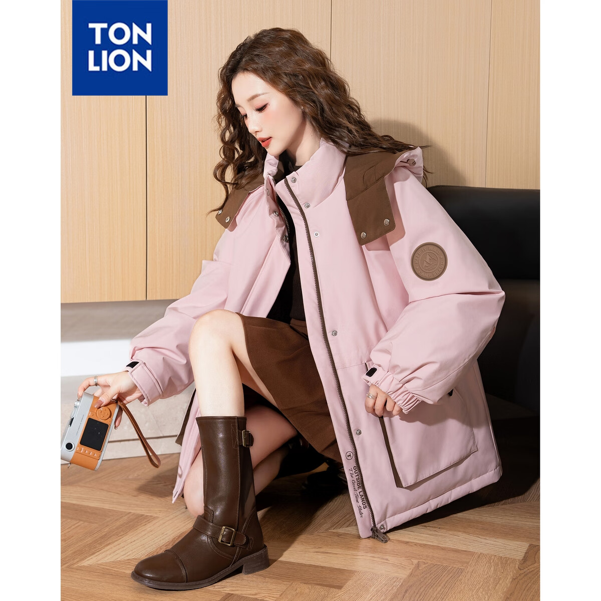 TonLion Women's Hooded Color-Block Workwear Down Jacket Sakura Pink L (Same Style as Guan Xiaotong)