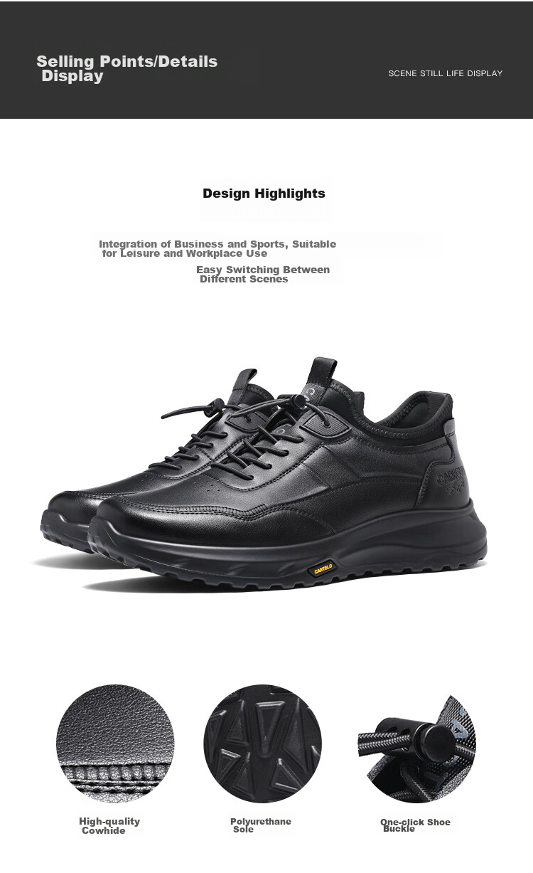 CARTELO Genuine Leather Men's Shoes, Business Casual Sports New Style, Autumn And Winter Soft Thick-Soled Versatile Commuter Work High-End Black 65