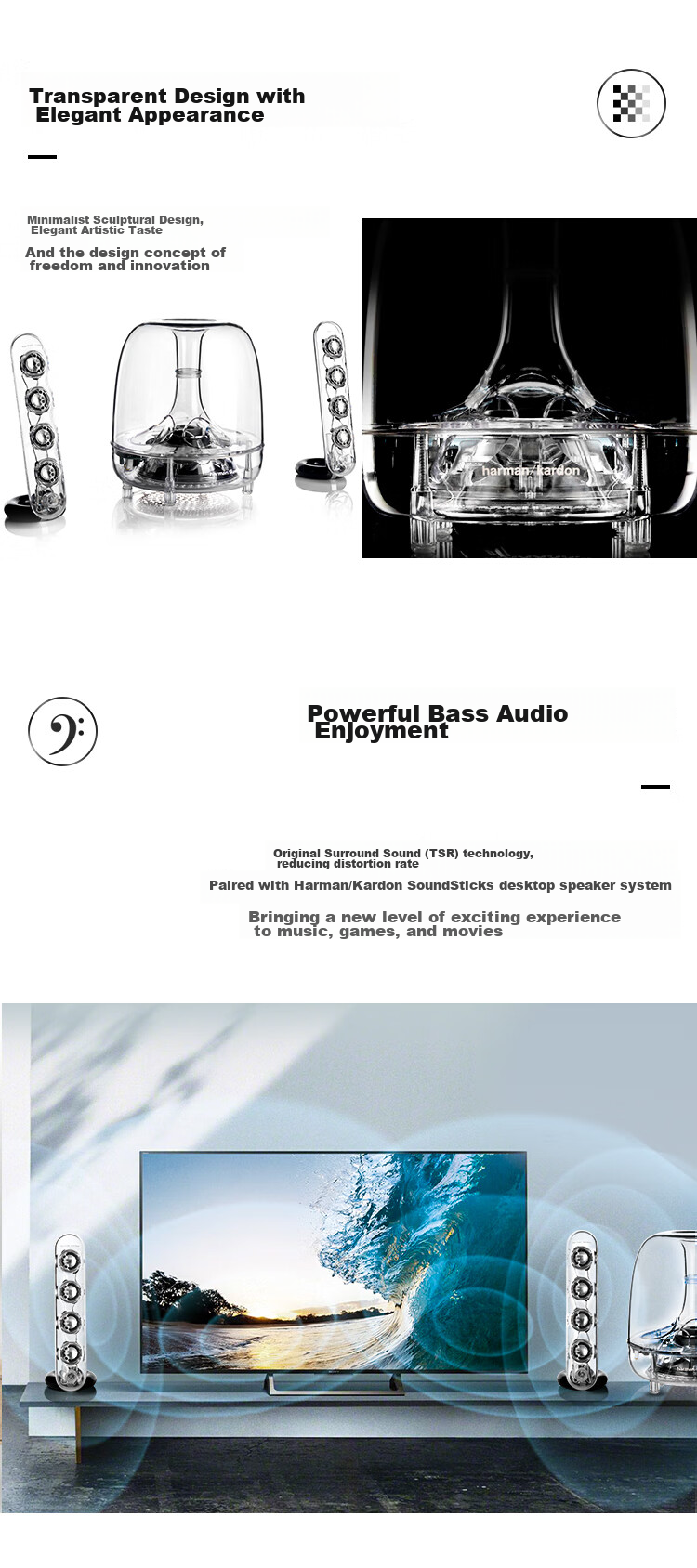 Harman/Kardon SoundSticks3 Crystal Third Generation, TV Multimedia Desktop Computer Wired Speakers, Subwoofer Audio, Surround Stereo Sound, Bluetooth Receiver Included 3