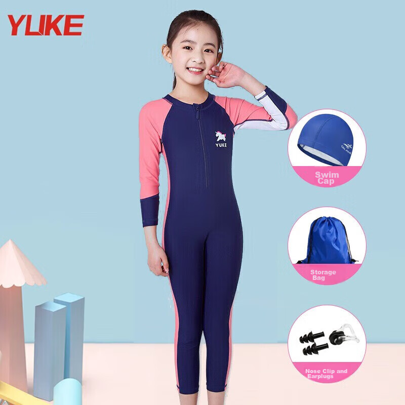 Yuke Children's Swimsuit, One-Piece Dress Style for Older Girls, Swimwear Set (Including Swimming Cap, Storage Bag, And Compressed Towel)