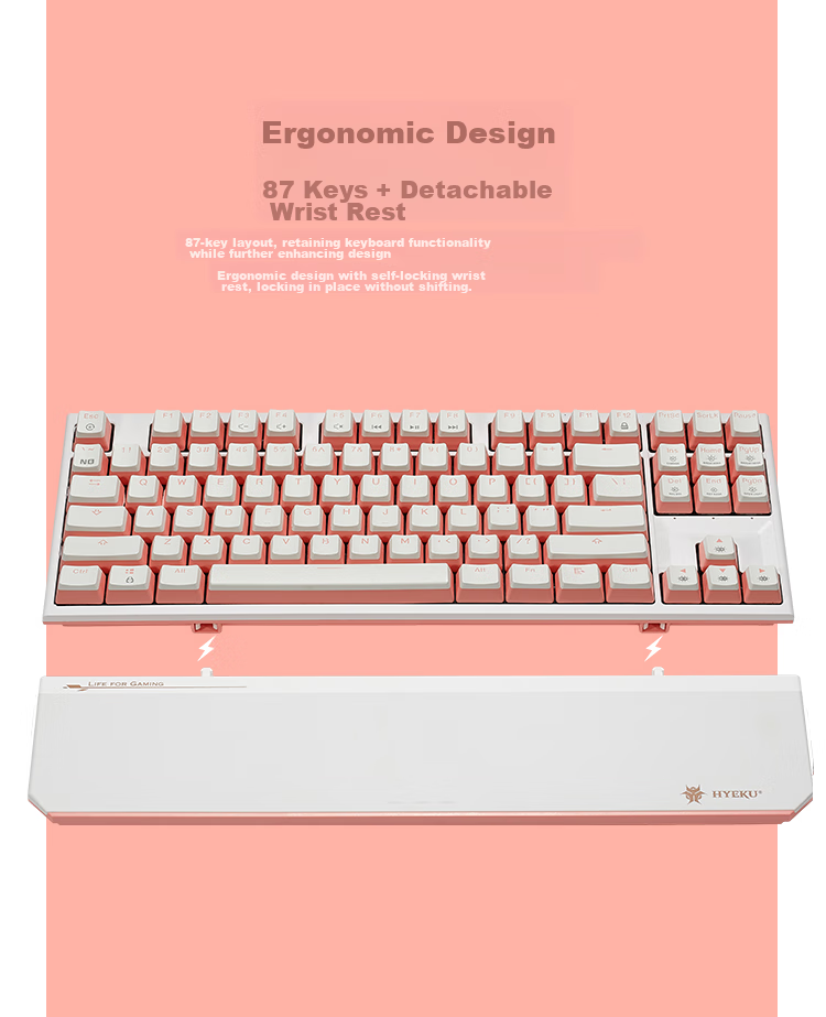 Hyeku X3 Wired/wireless 2.4G Dual-Mode Gaming Mechanical Keyboard, 87 Keys, PBT Keycaps, Kaikhua BOX New Switch, Peach Bubble Water, Kaikhua Rose Red Switch with Clip And Wrist Rest 13