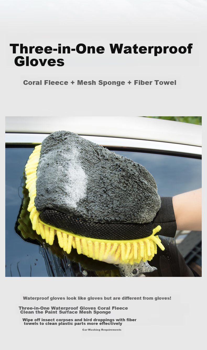 Astree Three-In Chenille Car Wash Gloves, Double-Sided Waterproof, Specialized for Car Cleaning without Damaging Paint, Elastic Cuffs with Ultra-Fine Fiber, Car Washing Cloth And Accessories 2