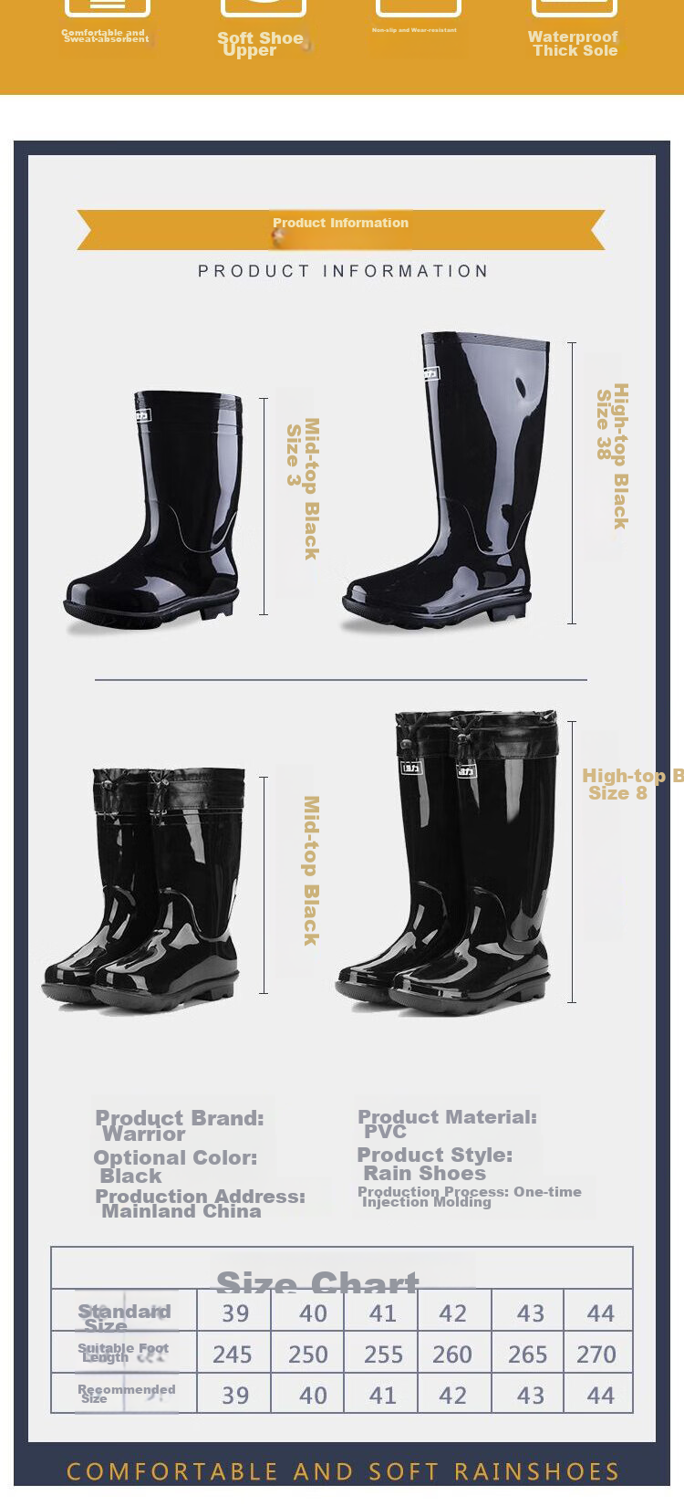 Huili Men's Rain Boots with Fleece Lining And Cotton Padding, Warm And Stylish Waterproof Non-Slip Wear-Resistant Outdoor Boots HL838 Mid-Calf Black Size 43 2