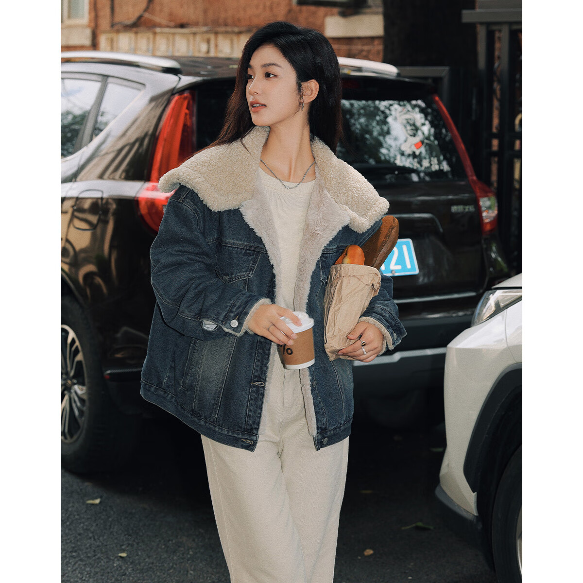 DME Fashion Vintage Large Lapel Winter Denim Composite Faux Lamb Wool Jacket for Women Dark Denim Blue S