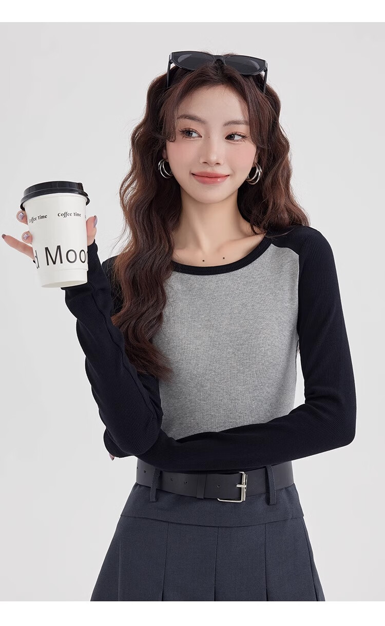NOME Color Block Spliced Long Sleeve T-Shirt for Women, Autumn New Style Design Inner Layer Raglan Sleeve Top, Gray, L 16
