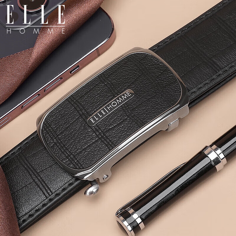 ELLE HOMME Men's Top-Grain Leather Belt, Luxury 304 Stainless Steel Buckle Automatic Waist Belt, Birthday Gift for Boyfriend