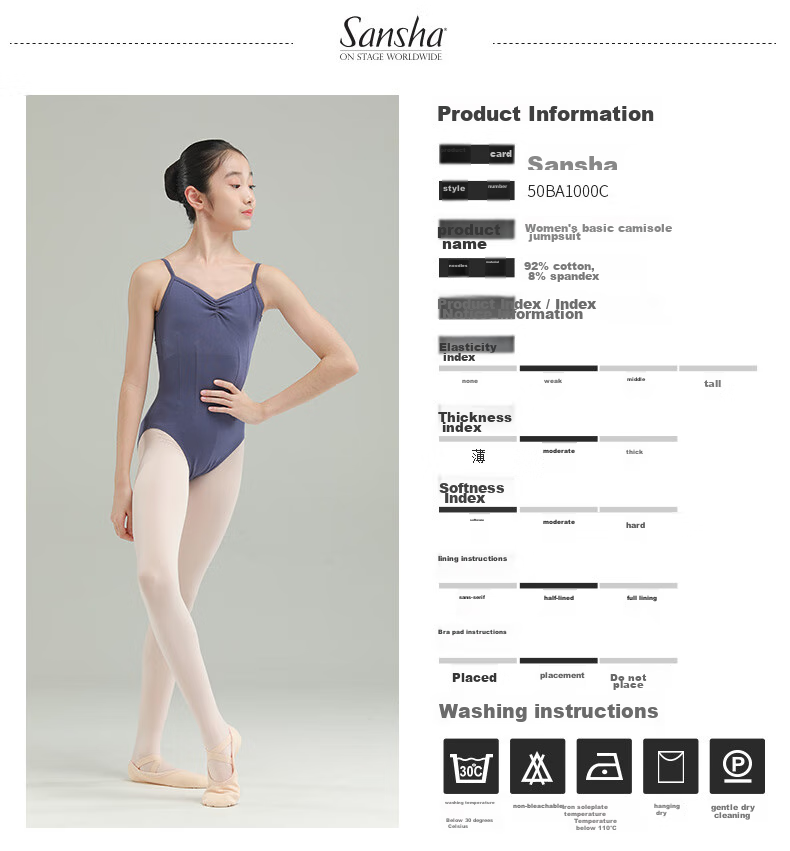 Sansha Ballet Practice Leotard for Women, Spaghetti Strap One-Piece Gymnastics Dance Exam Training Body Shaping Suit, Indigo Blue, L 2
