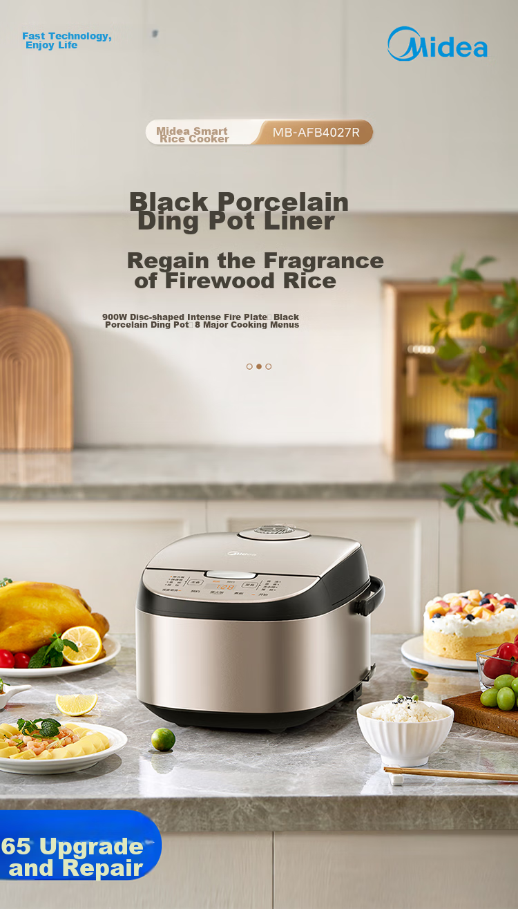 Midea Rice Cooker, 4L Black Porcelain Inner Pot with Detachable Cover, 24-Hour Smart Reservation, Sweet Firewood Rice, MB-AFB4027R [ZMD Peace of Mind Series] 1
