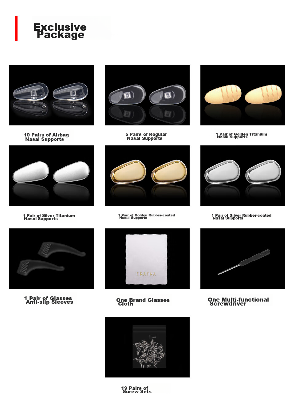 DRATRA Eyeglasses Nose Pads, Air Cushion Silicone Anti-Slip Anti-Fall Metal Titanium Nose Bridge Pads, Repair Accessories, Screwdriver Tool Set 5
