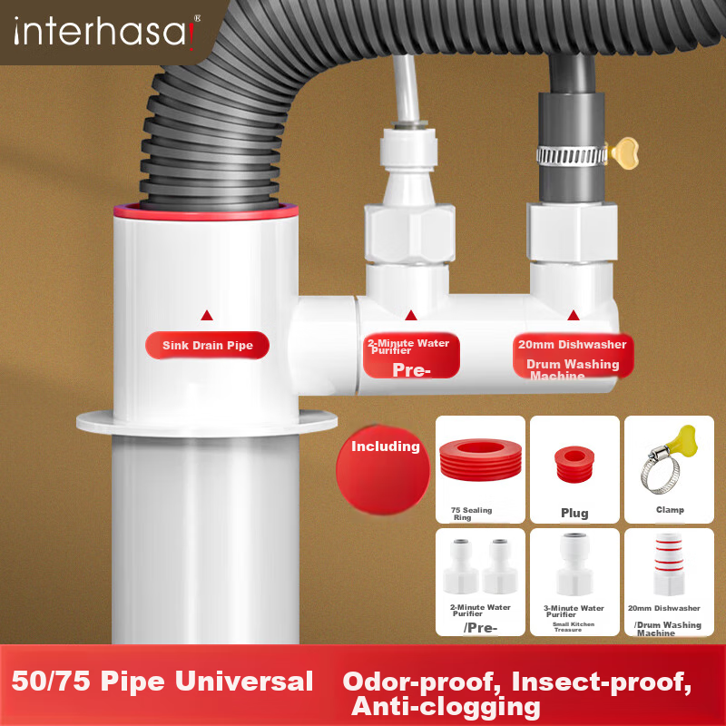Interhasa! Kitchen Sink Three-Way Water Purifier Drain Pipe Anti-Odor Device Drainage Pipe Connector Four-Way Complete Set P1210007