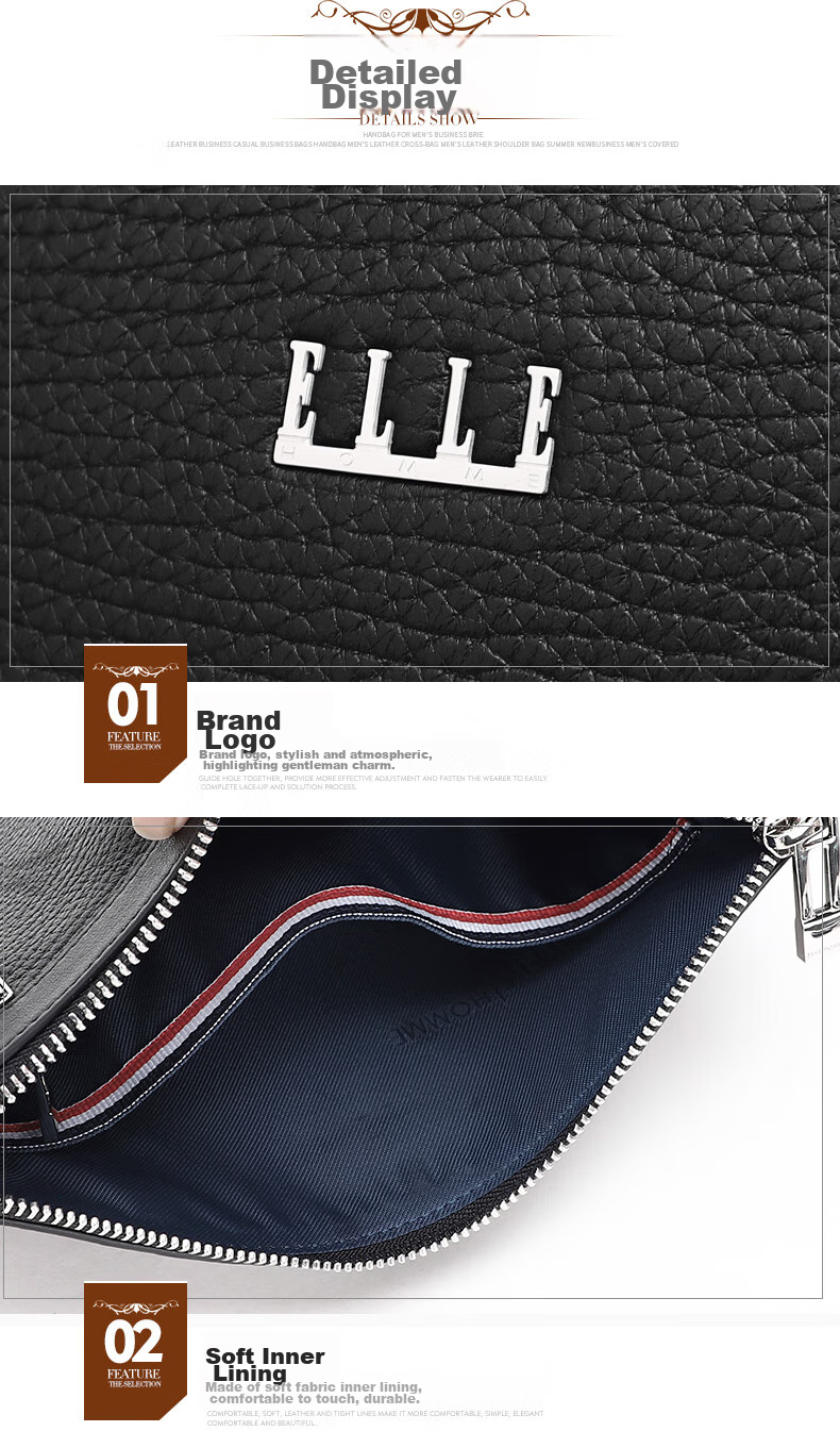 ELLE HOMME Business Clutch Bag, Men's Top-Grain Leather Handbag, Large Capacity Casual Envelope Bag for Men, EB088200701 Black, Birthday Gift for Boyfriend 8