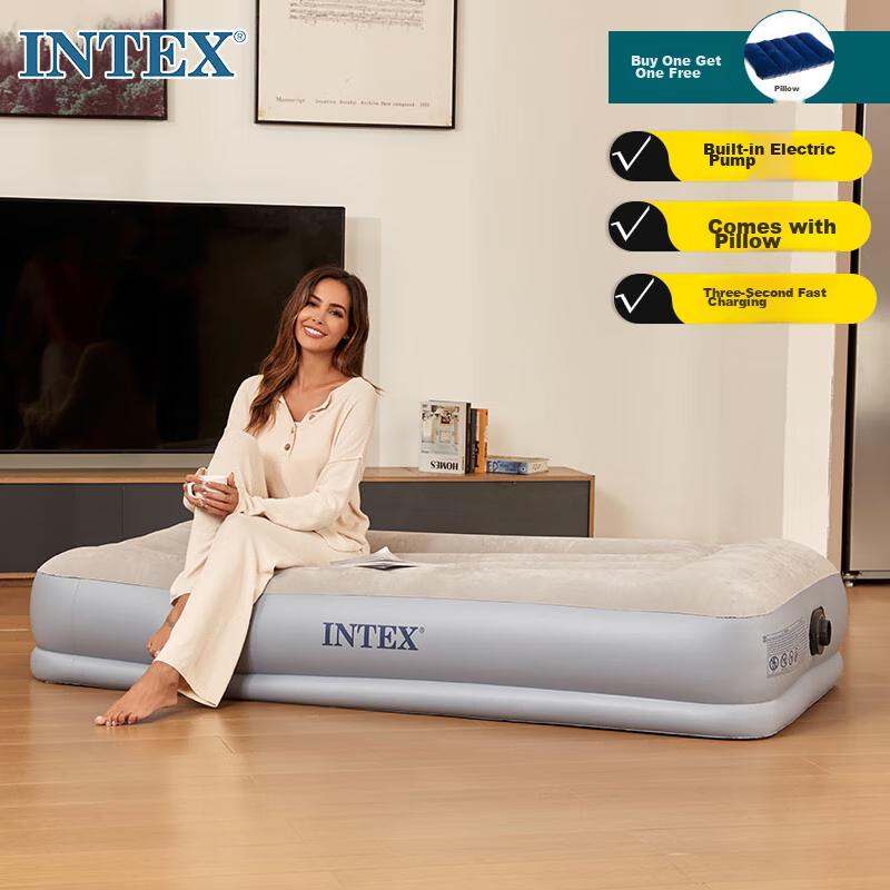 INTEX Electric Pump Single-Person Automatic Inflatable Bed with Pillow, Air Mattress for Home Nap, Car Camping, Tent Pad, Folding Bed 116CT1