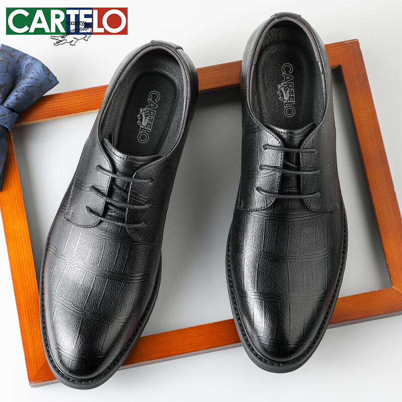 CARTELO Soft Cowhide Men's Leather Shoes, Business Formal Shoes for Men, Height-Increasing Shoes with Fleece Lining, Men's Leather Shoes 9585, Black, Size 41