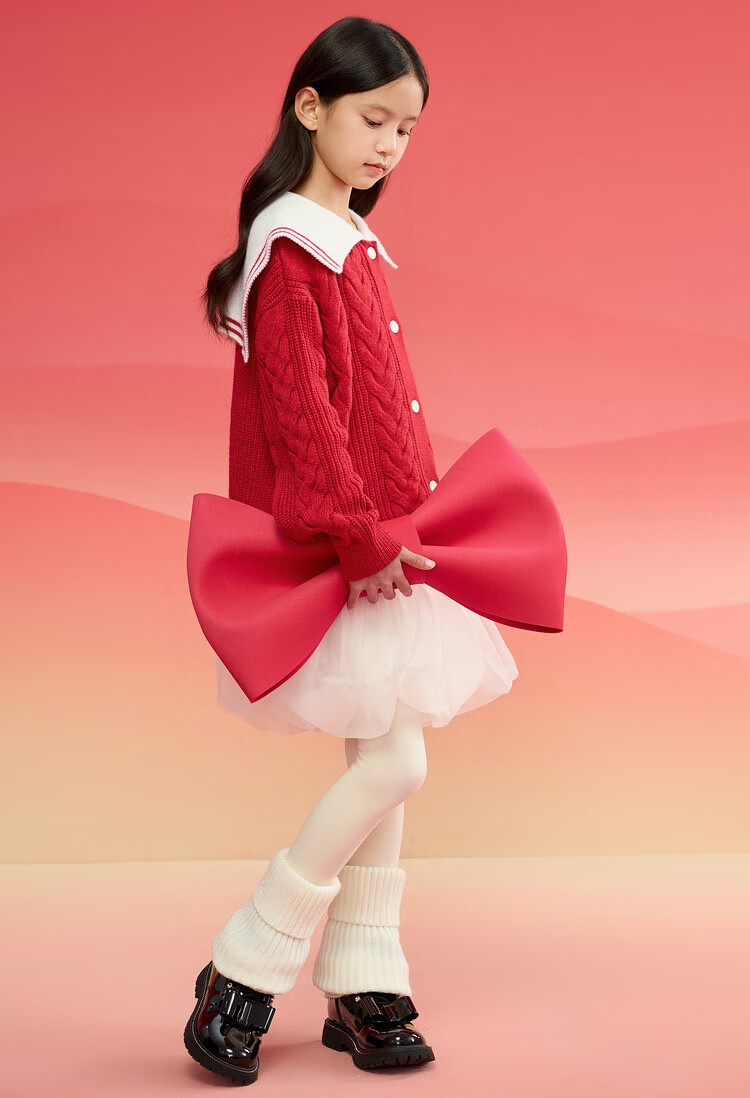 BALABALA Girls' Red Sweater, Children's Knitted Cardigan, Spring And Winter Wear, Contrasting Colors, Warm Open-Front Desig 12