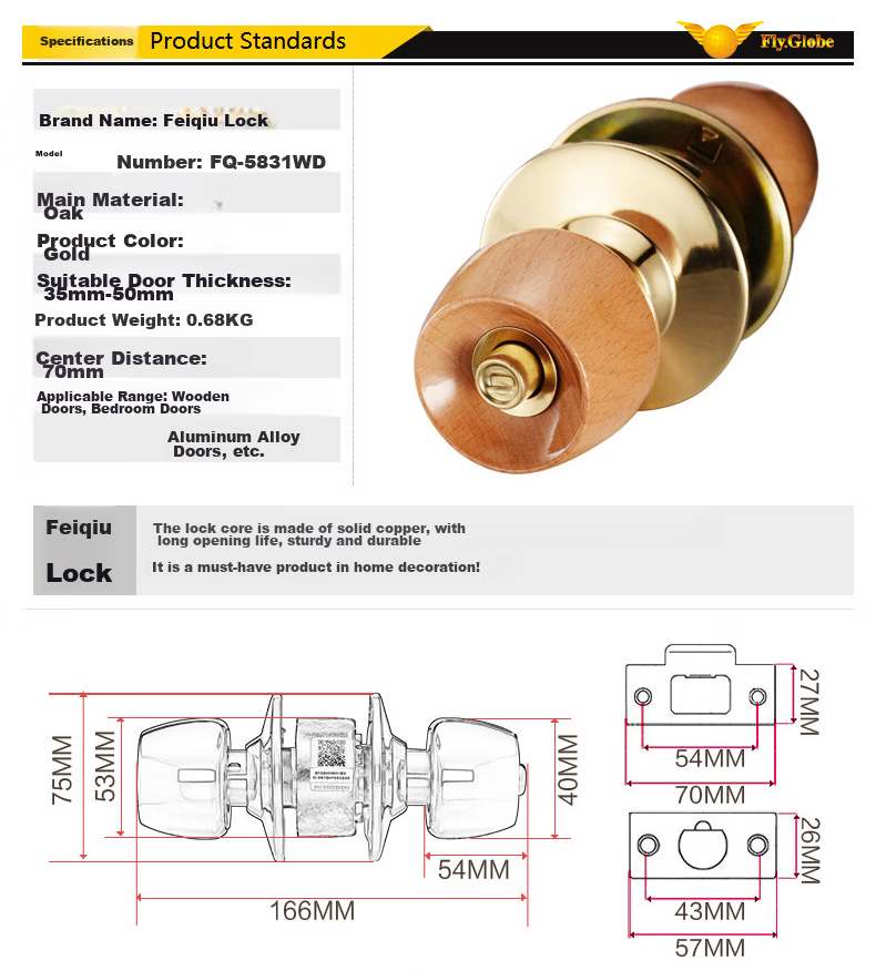 Fly.Globe Spherical Lock, Indoor Bedroom Door Lock, Beech Wood Ball Lock FQ-5831WD, Back-To Seaso 7