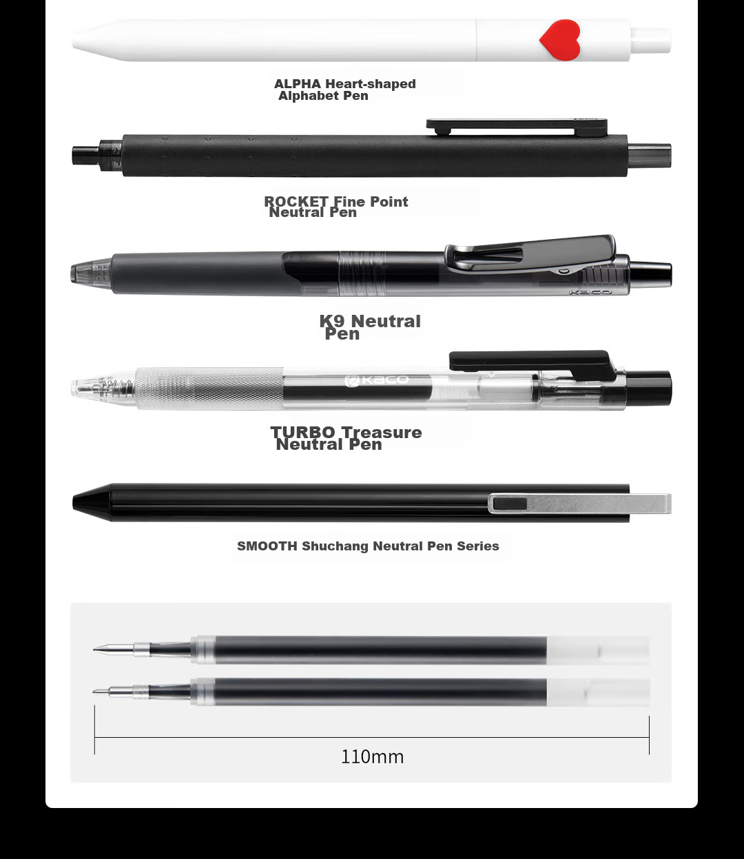 KACO Wensaiya Push-Button Refill 0.5, Gel Pen Refill, Double Ball Quick-Drying, Black, Pack of 10 10