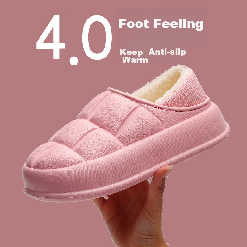 GUOLUOFEI Thick Cotton Slippers for Men And Women, Outdoor Waterproof Non-Slip Indoor Comfortable Heel-Covered Cotton Shoes, Pink, Size 38-39