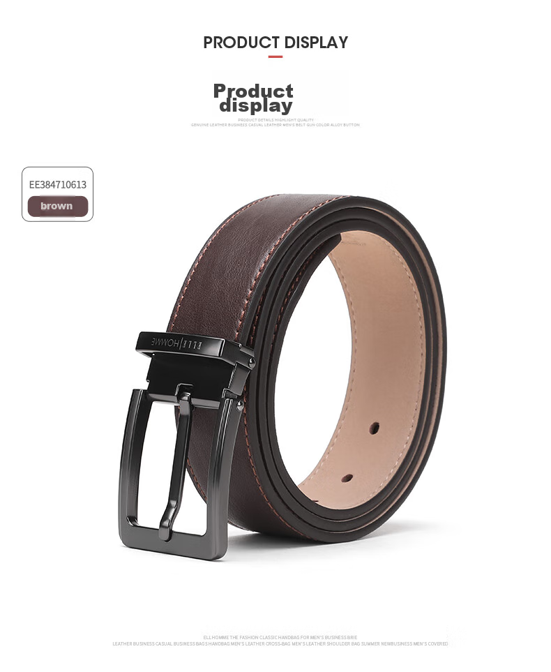 ELLE HOMME Men's Belt, Top-Grain Leather Pin Buckle Waistband, Fashionable Casual Trouser Belt for Men, Birthday Gift for Boyfriend 8