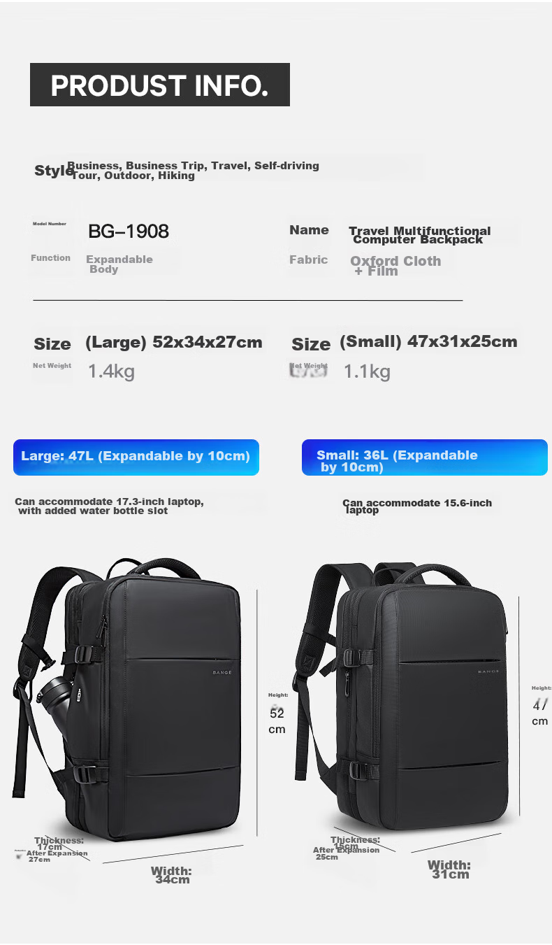Bange Large Capacity Multifunctional Travel Bag, College Student Gift, 16-Inch Laptop Backpack, Black Small 6