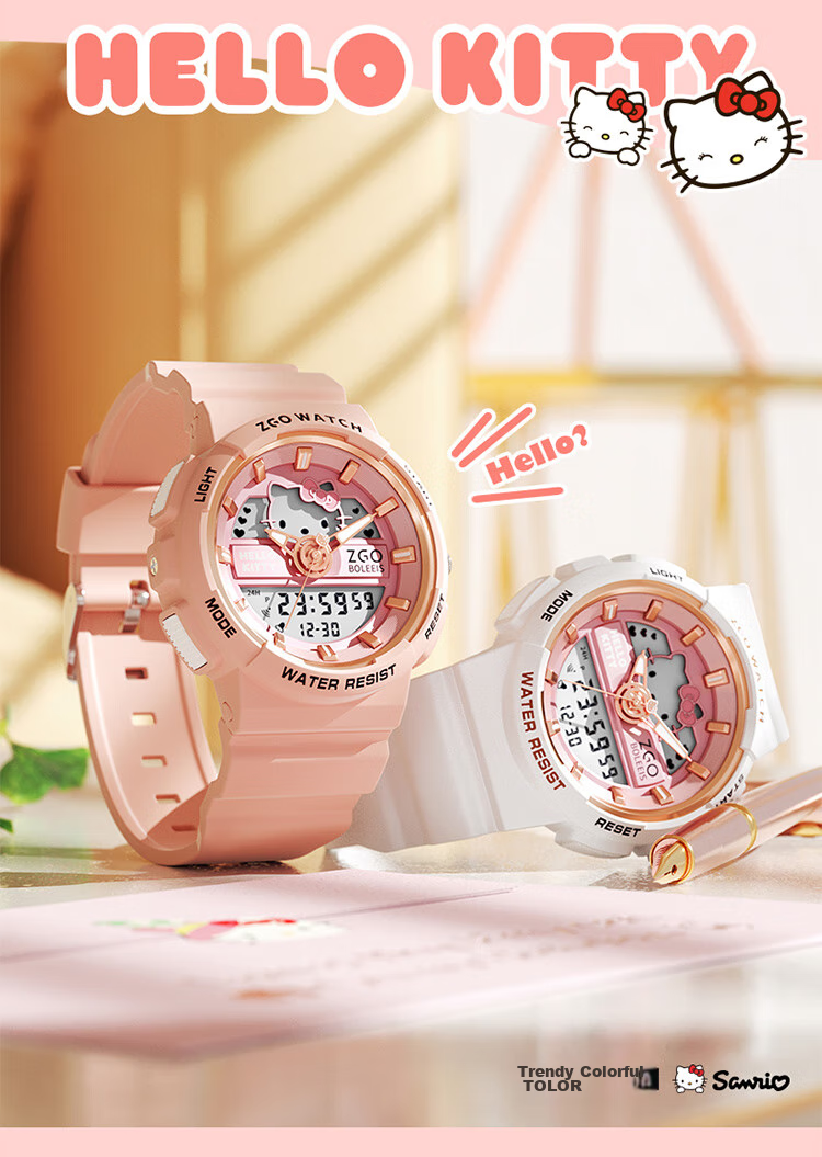 Hello Kitty Student Watch for Female Middle And High School Students, Dual Display Sports Digital Watch with Waterproof Luminous Function, Children's Watch Sanrio 17