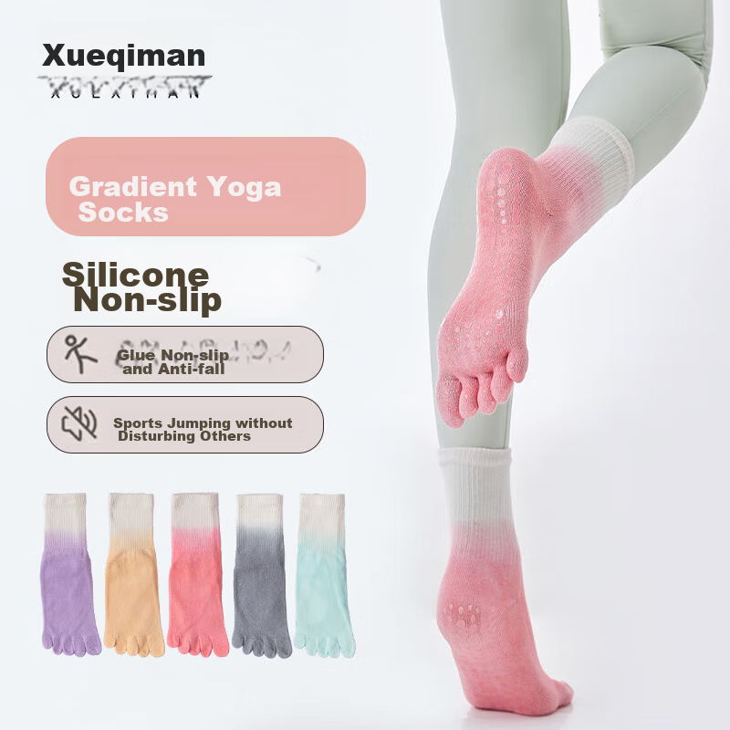 XUEXIMAN Gradient Yoga Socks for Women, Professional Non-Slip Mid-Calf Five-Toe Socks, Pilates Socks, Summer Aerobics Sports Socks