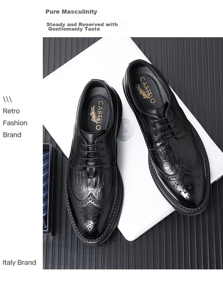 CARTELO Men's Leather Shoes, Brogue Derby Shoes, Business 2026 New Style Casual Genuine Leather Formal Shoes, Height-Increasing British Style Wedding Shoes 10