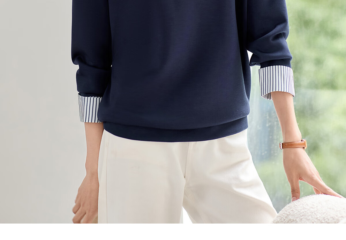 Chushen Women's Patchwork Striped Shirt Collar, Fashionable Faux Two-Piece Design with Delicate Brooch Top S143W1012 13