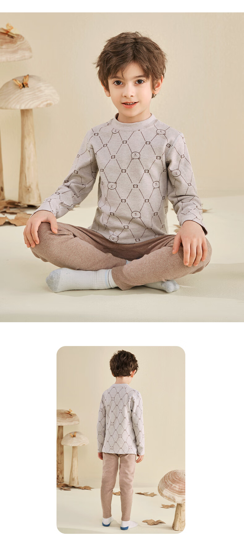 YING BO LUN Boys' Thermal Underwear Set, Thick Warm Autumn And Winter Children's Inner Wear, 80783 Flax Gray, Size 160 13