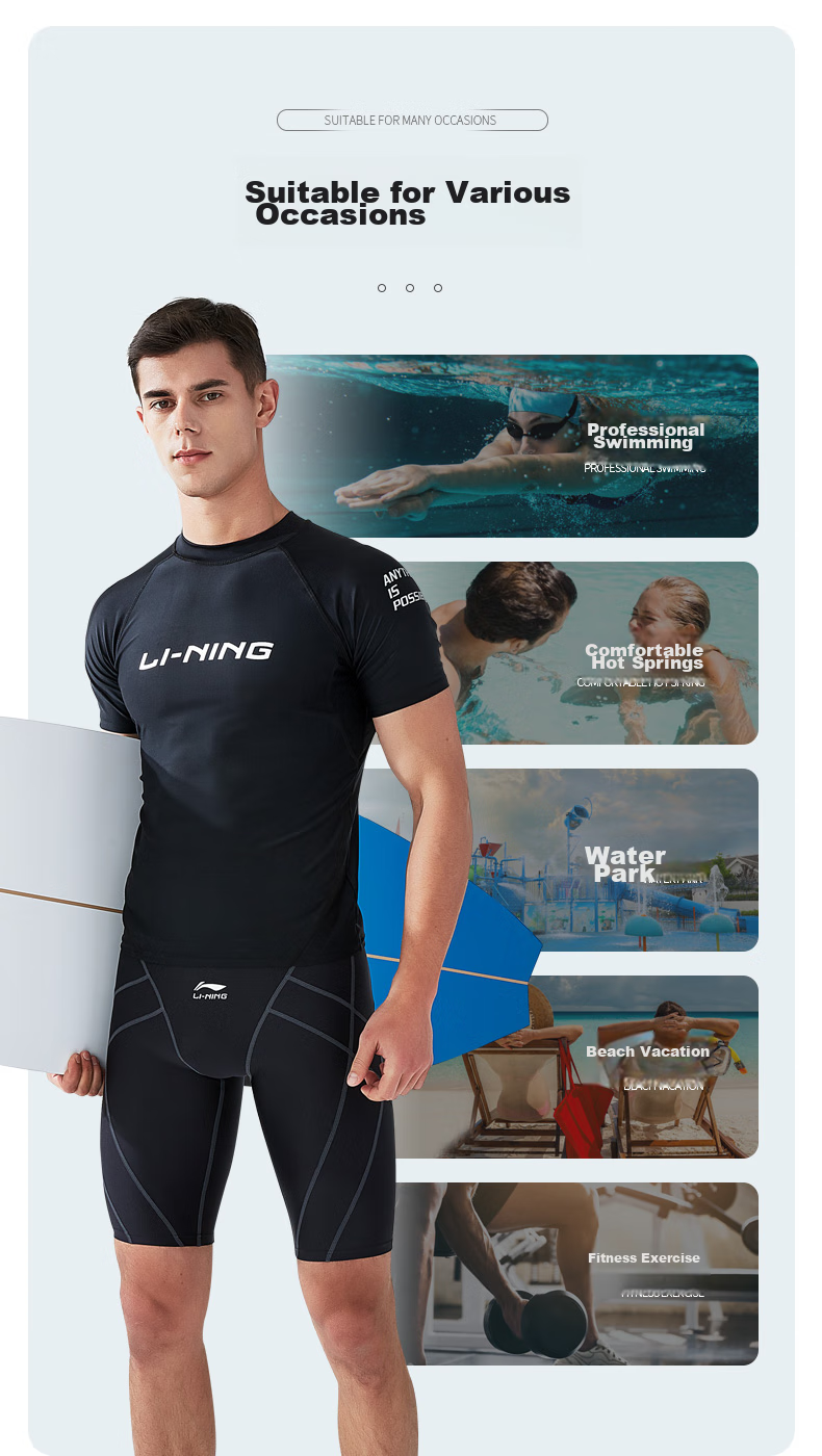 Li-Ning Men's Swimwear, Professional Quick-Dry Swimming Trunks, Men's Swimwear Set 25-69, Short-Sleeve Set, Black, XXXL 9