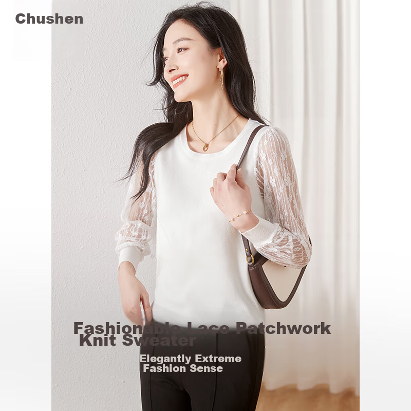 Chushen Thin Knit Sweater for Women, Fashionable Round Neck Elegant Lace Long-Sleeve Base Shirt Top S141Z3740