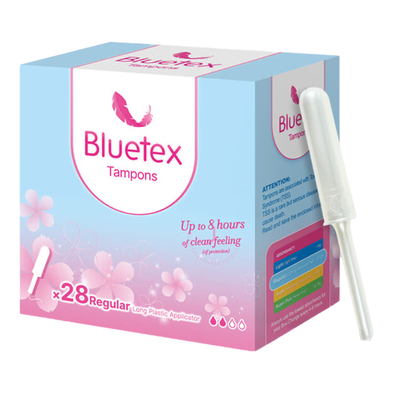 Bluetex Sanitary Cotton Pads, Long-Tube Regular Flow, 28 Pieces, Built-In Menstrual Pads, Vaginal Insertions, Menstrual Sticks, Swimming