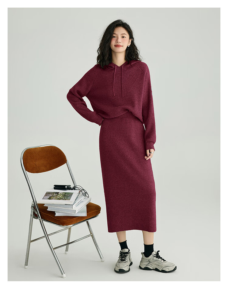 DME Relaxed Knit Set Spring Autumn Hoodie Knit Top + Elastic Knit Skirt Two-Piece Set 5