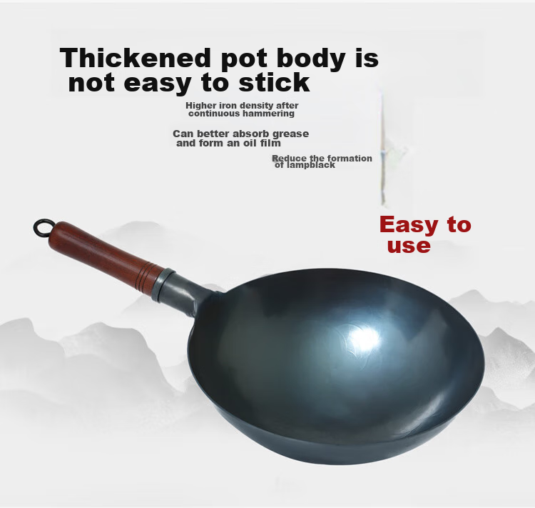 Jitiechui Zhangqiu Hand-Forged Iron Wok, Stir-Fry Pan, Non-Coated Physical Non-Stick Pan for Gas Stove, 34cm without Ear Handle with Lid 6