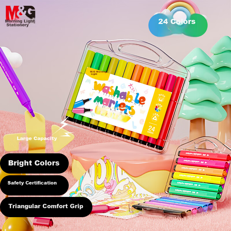 M&G Stationery, 24 Colors, Thick Triangular Handle Watercolor Pens, Washable, Large Capacity, Non-Toxic for Kindergarten, Markers, Drawing Pens, Birthday Gift, ACP901Q0